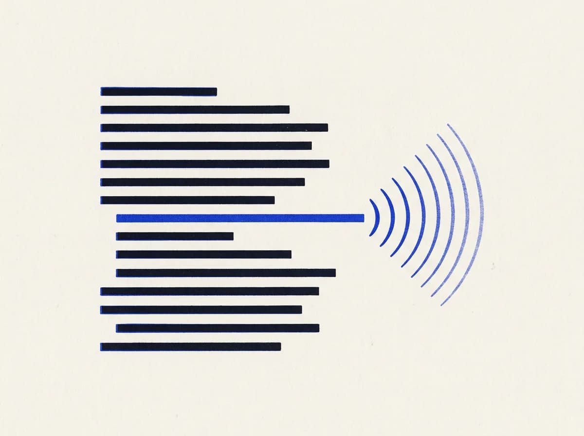 Lines of text resolving into radiating sound waves.